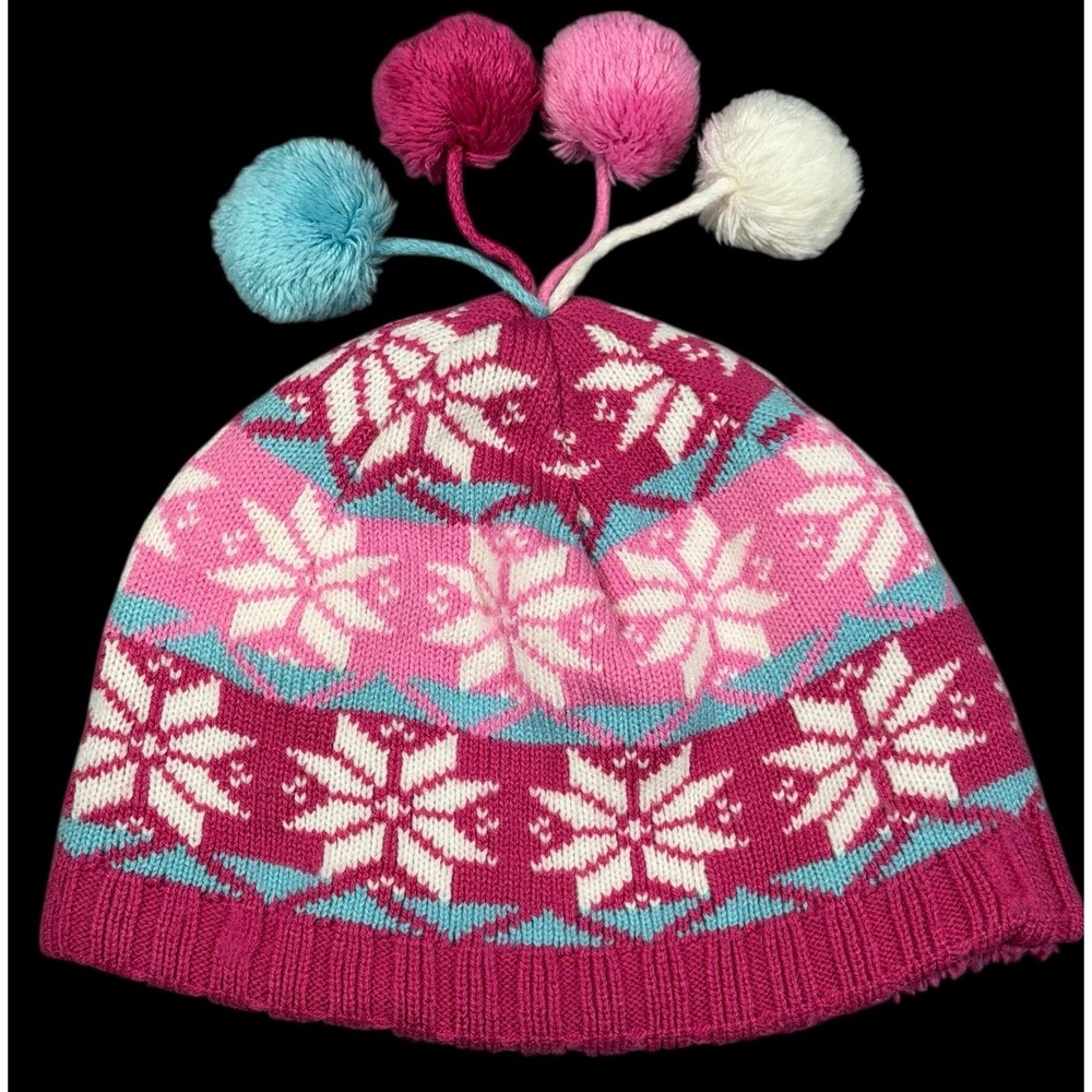 LL Bean Youth Girls Pink & Blue Snowflake Ski Winter Hat Pom Poms Size Medium